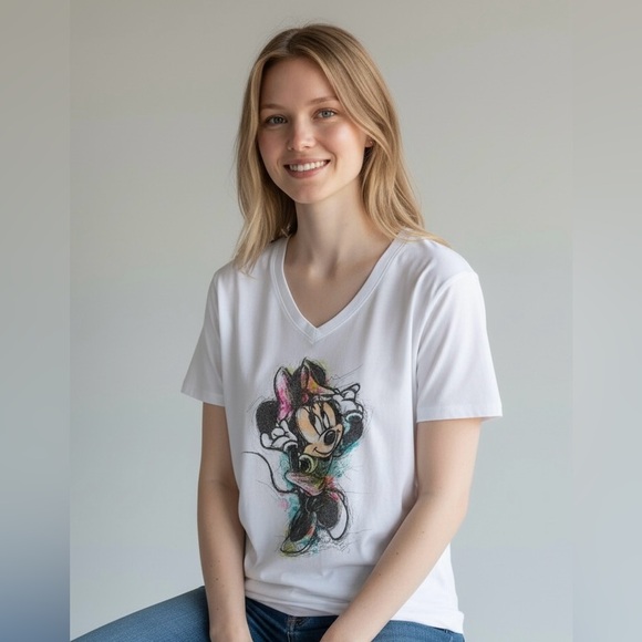Disney Tops - Disney Minnie Mouse Artsy Sketch V-Neck Graphic Tee White, Extra Small